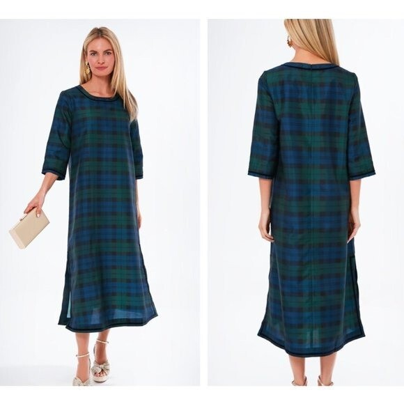 Tuckernuck | NEW Jamie Velvet Trimmed Plaid Blackwatch Midi Dress Size S